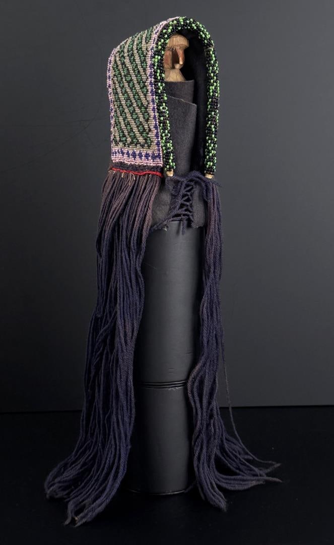 Arikara Native American Indian Beaded Doll Carrier: 19 1/4" long with fringe. First Quarter of the 19th Century. Germantown yarn fringe.