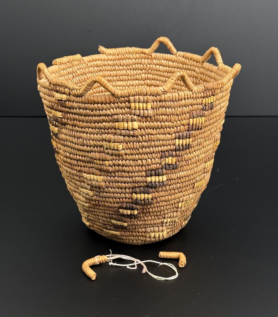 Cowlitz Klickitat Native American Indian Basket: 7 1/2" tall, 7 1/4" diameter. Some rim loss.