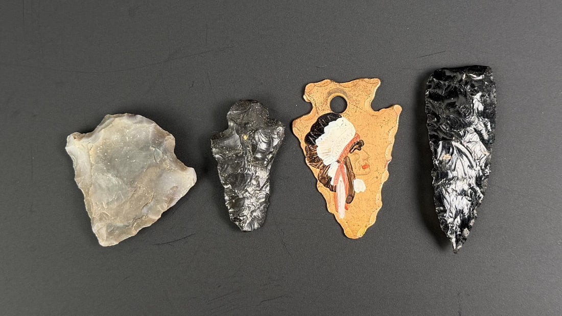 Collection of Native American Indian Arrowheads: Includes one trading post copper fob from Yellowstone National Park Wyoming.
