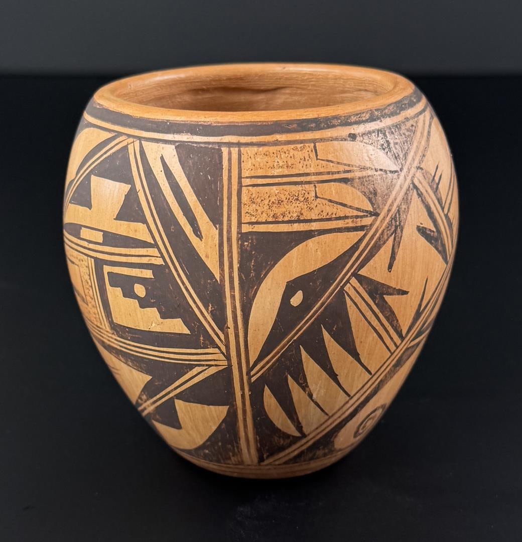 Ella Mae Talashie Walpi Hopi Pottery Jar: 4" by 4" by 3 7/8". From the Walpi village.