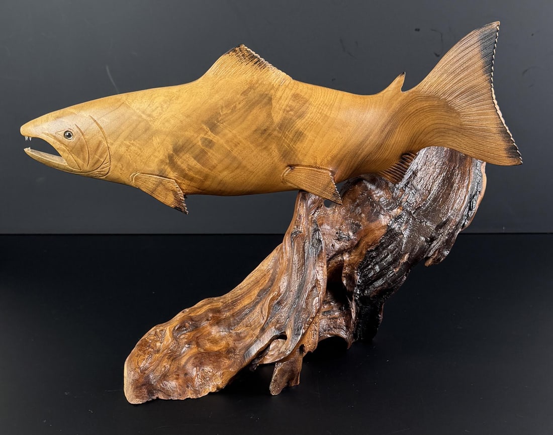 Terry Woodall Alaskan Myrtle Wood Salmon Carving: 16 1/2" by 9 7/8" by 6 7/8".