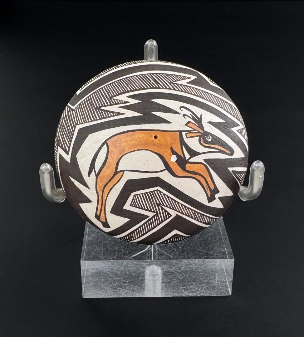 Diane Lewis Garcia Acoma Pueblo Antelope Seed Pot: 2 1/4" by 2 1/4" by 7/8". Polychrome.