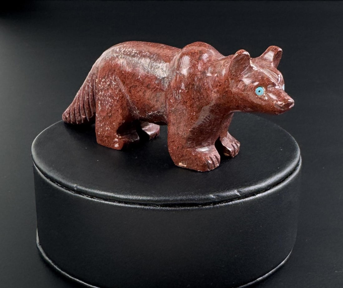 Julie Norton Navajo Indian Pipestone Fox Fetish: 3 1/4" by 1 1/4" by 7/8". Turquoise eyes. Provenance: Silver Arrow in Evergreen, Colorado.