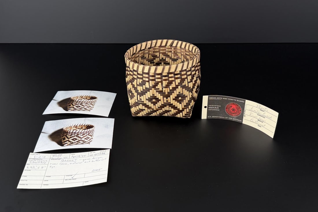 Lucille Lossiah Cherokee Indian River Cane Basket: 5 1/2" by 5 1/4" by 4 1/2". Geometric design, river cane, natural and butternut dye.