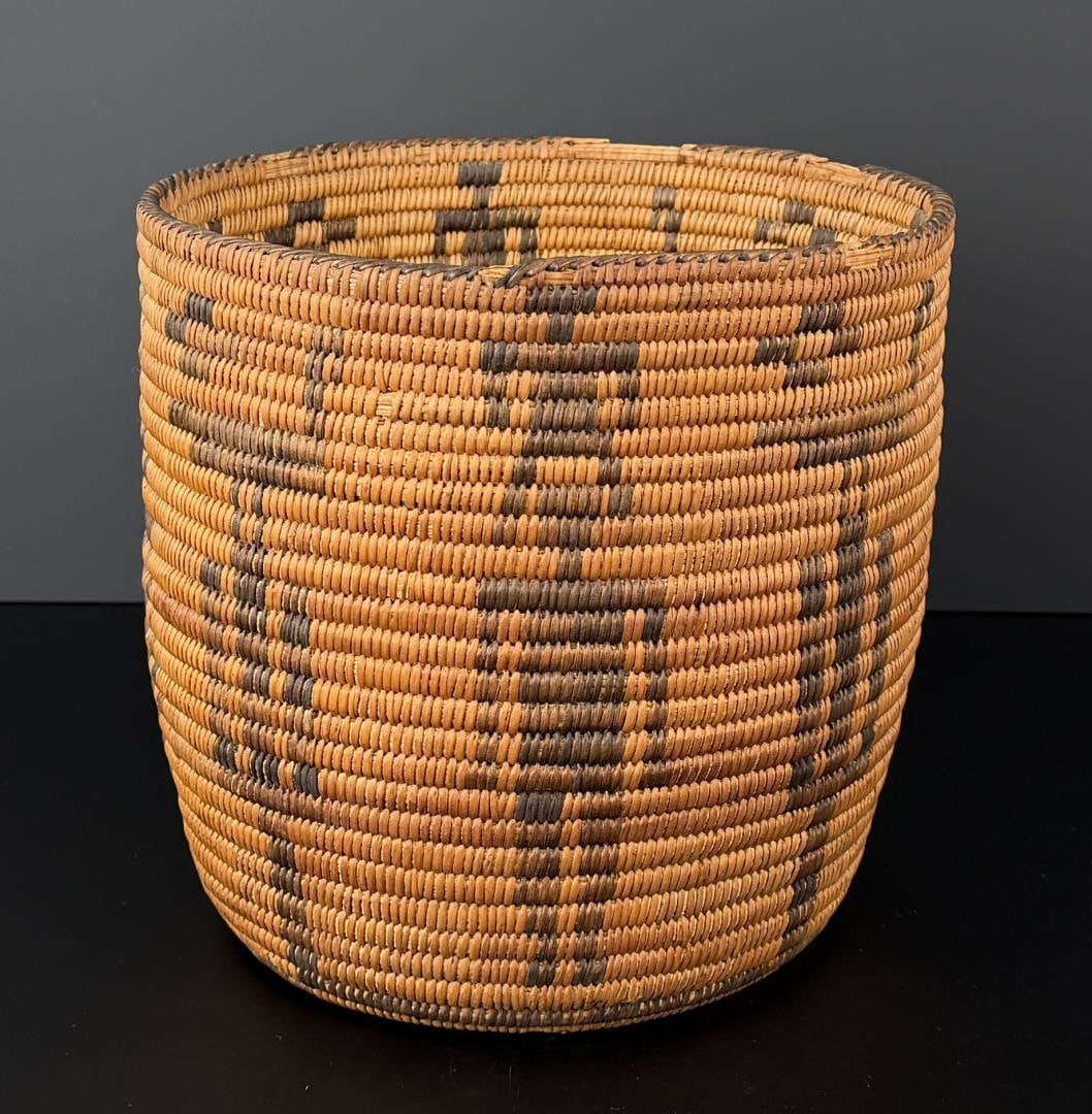 Pima Native American Indian Human Pictorial Basket: 9 7/8" by 9 7/8" by 9 1/2". Shows humans, cactus, and bird on top.