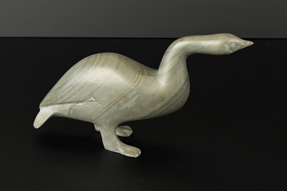 Samwillie Iqaluq Inuit Soapstone Goose Carving: 8 1/2" by 4 1/2" by 2". 1967. Belcher Island. Provenance: Bishop's Antiques.