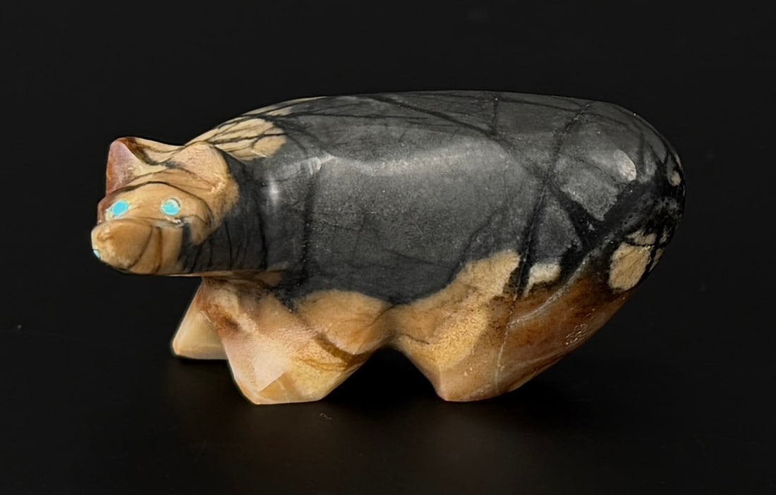 Stewart Quandelacy Zuni Carved Bear Fetish: 1 3/4" by 1" by 7/8".