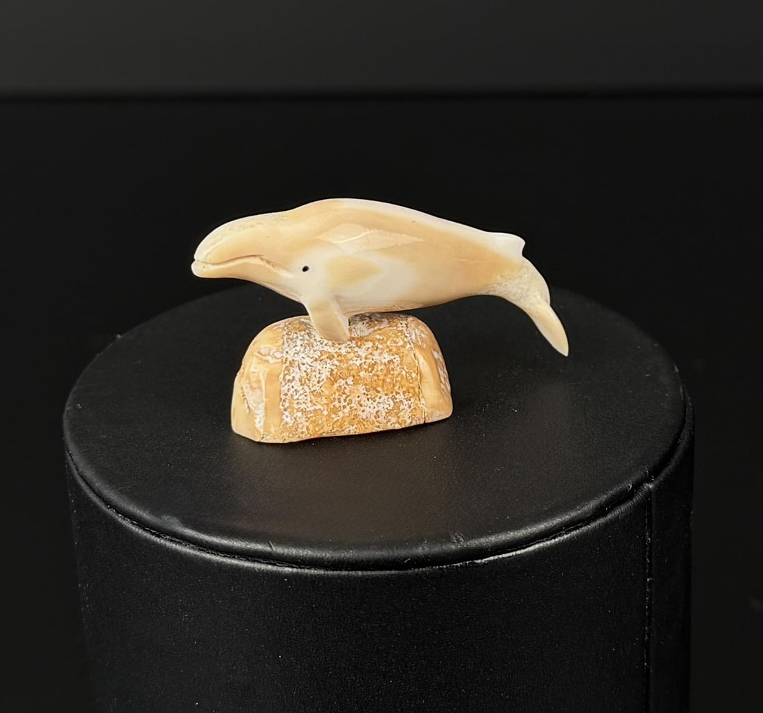 Jim Lee Alaskan Inuit Eskimo Carved Ivory Whale: 2" by 1" by 5/8". Carved Walrus Ivory. Native made prior to 1972. This item cannot be shipped to Oregon, California, Hawaii, New York, New Jersey, Internationally, or any other state that prohibits.