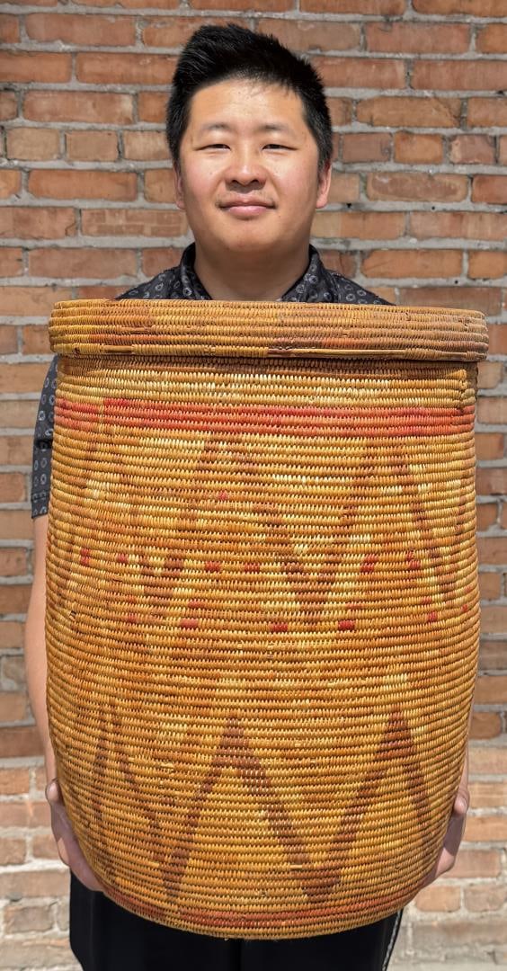 Jicarilla Apache Native American Indian Basket: Exceptional large lidded example. 21" tall, 13 1/2" diameter. Provenance: Purchased from Lee Evans, March 1968.
