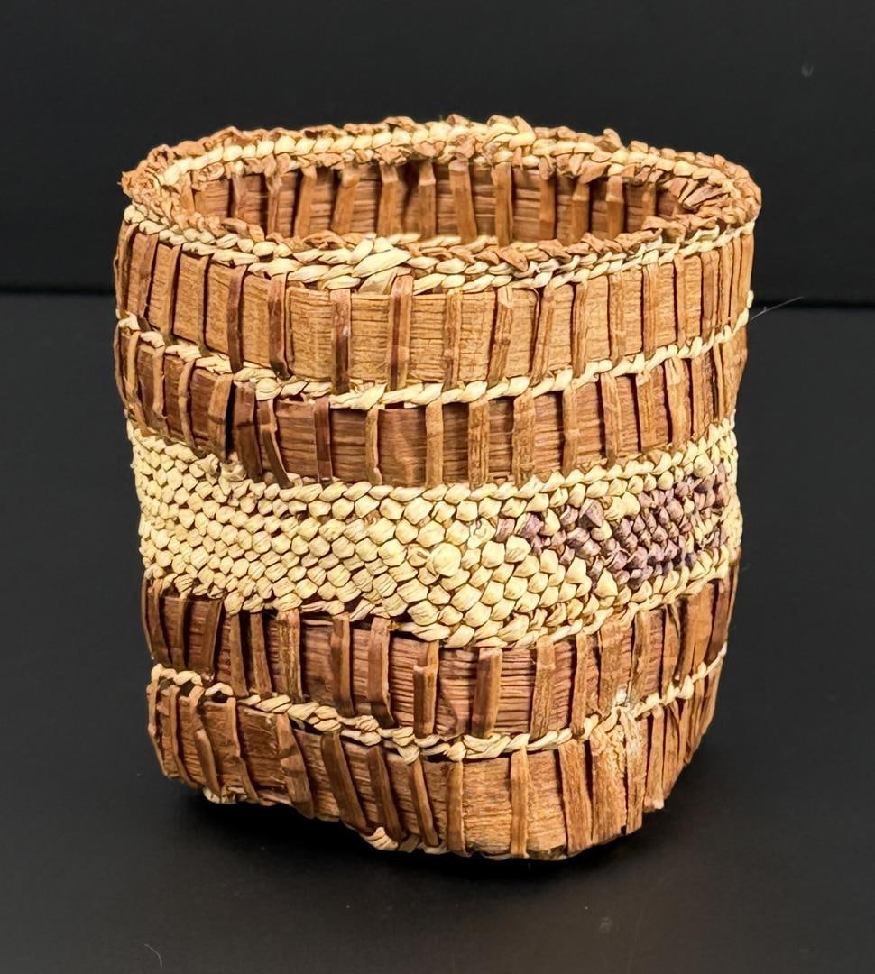 Alva Cummins Makah Native American Indian Basket: 2 5/8" diameter, 2 1/2" tall.