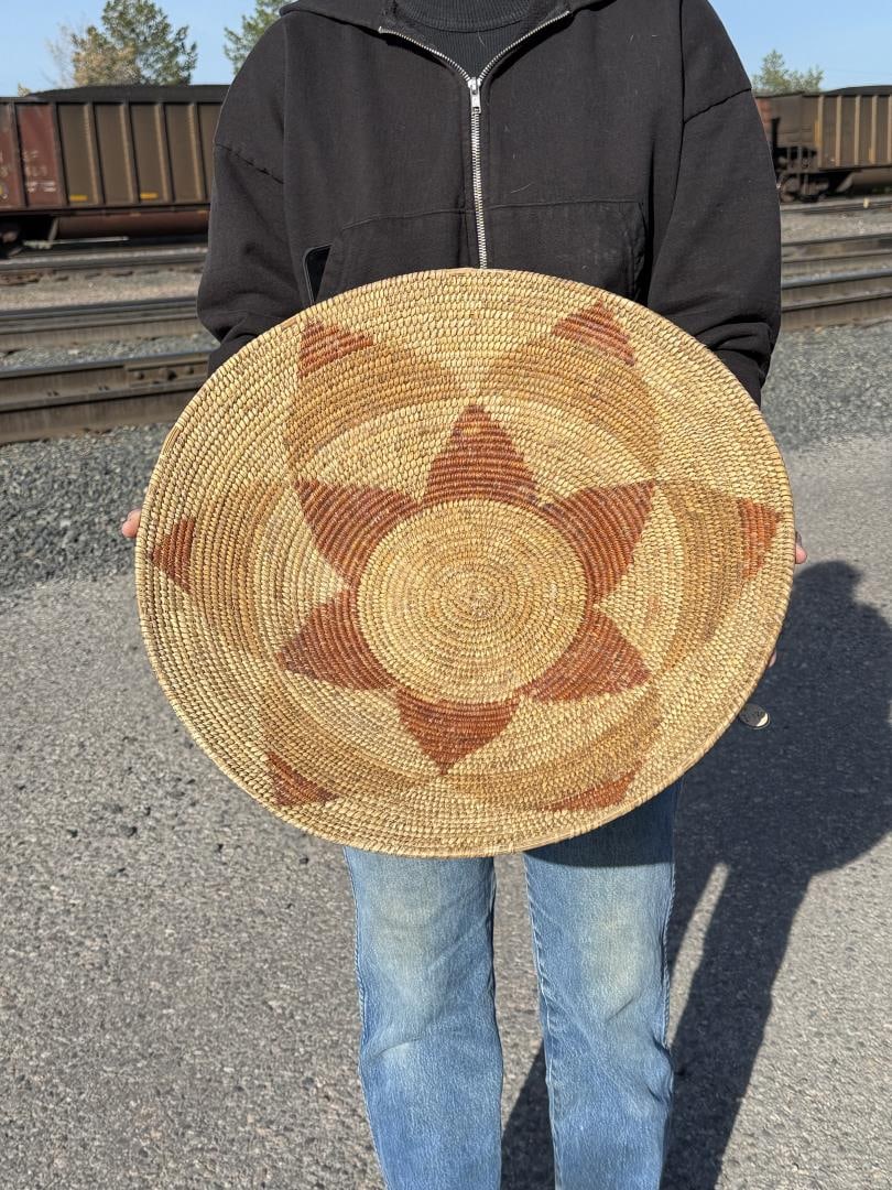 California Mission Native American Indian Basket: 18" diameter, 4 1/8" tall.