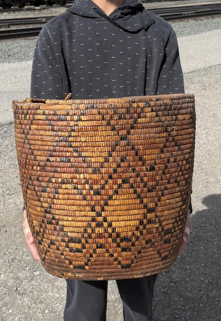 Salish Fraser River Native American Indian Basket: 18 5/8" diameter, 17 7/8" tall. Some loss.