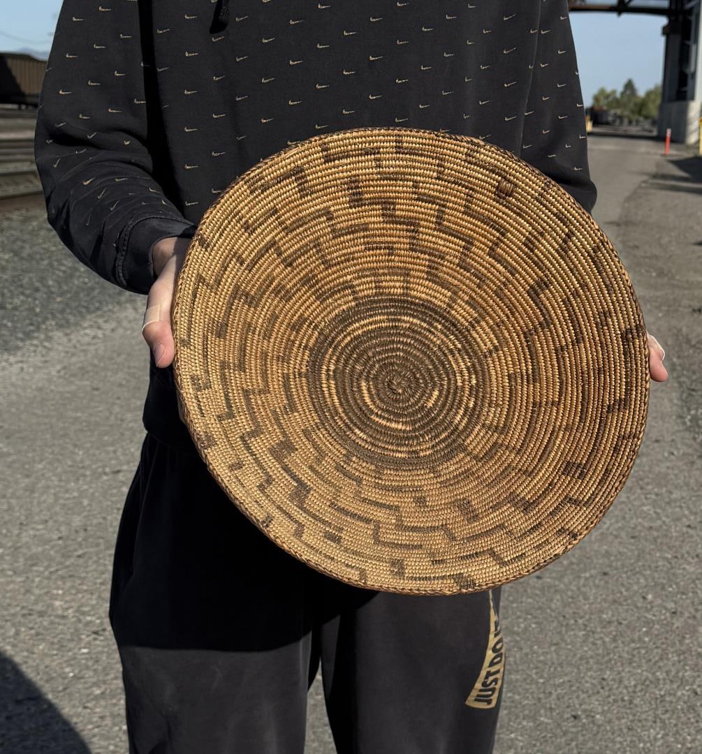 Pima Native American Indian Basket: 16" diameter, 4" tall.