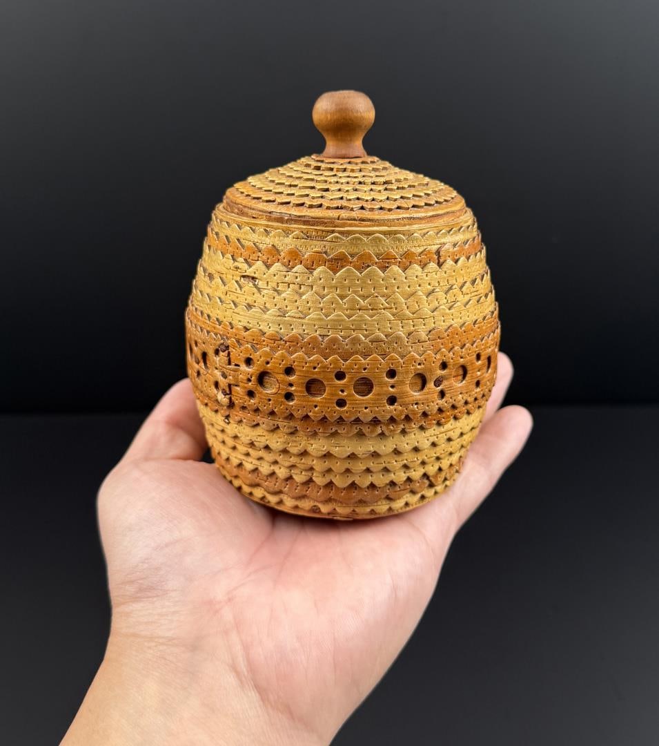Finnish Folk Art Birchbark Basket: 4 5/8" tall, 3 7/8".