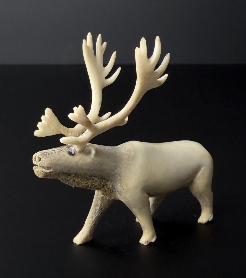 Alaskan Inuit Eskimo Carved Horn Caribou: 2 3/4" by 2 1/2" by 1". Native made prior to 1972. This item cannot be shipped to Oregon, California, Hawaii, New York, New Jersey, Internationally, or any other state that prohibits.