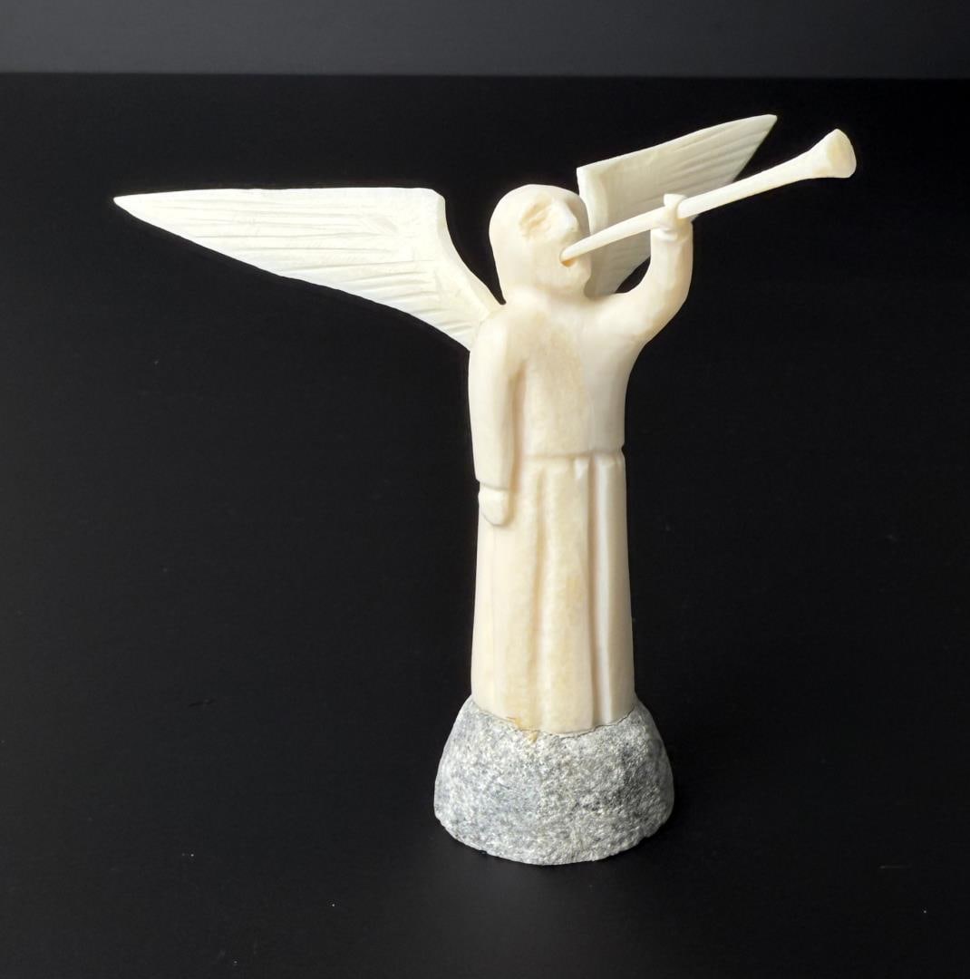 Mark Tungilik Inuit Eskimo Carved Ivory Angel: Repulse Bay. 3 1/4" by 3" by 2 5/8". Native made prior to 1972. This item cannot be shipped to Oregon, California, Hawaii, New York, New Jersey, Internationally, or any other state that prohibits. Mar