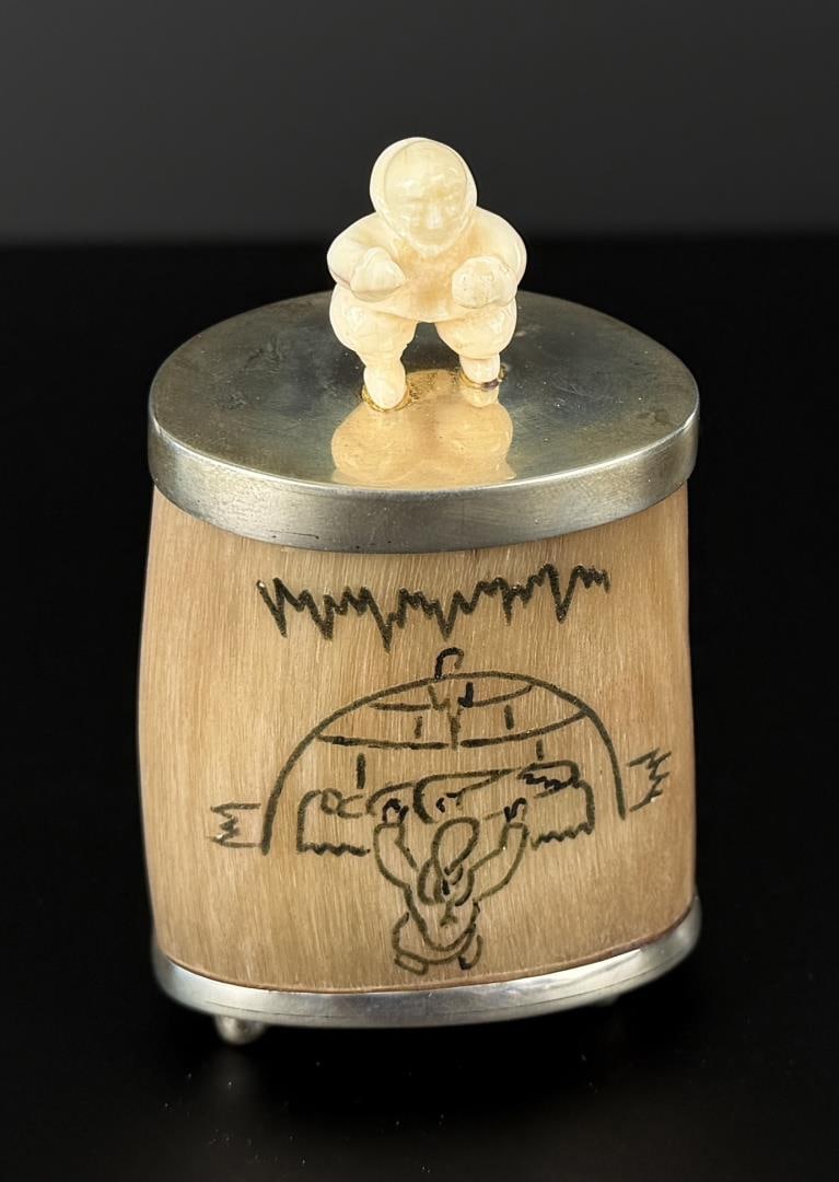 Roy Sockpick Alaskan Inuit Eskimo Carved Box: 3 1/2" by 2 1/4" by 1 3/4". Native made prior to 1972. This item cannot be shipped to Oregon, California, Hawaii, New York, New Jersey, Internationally, or any other state that prohibits.