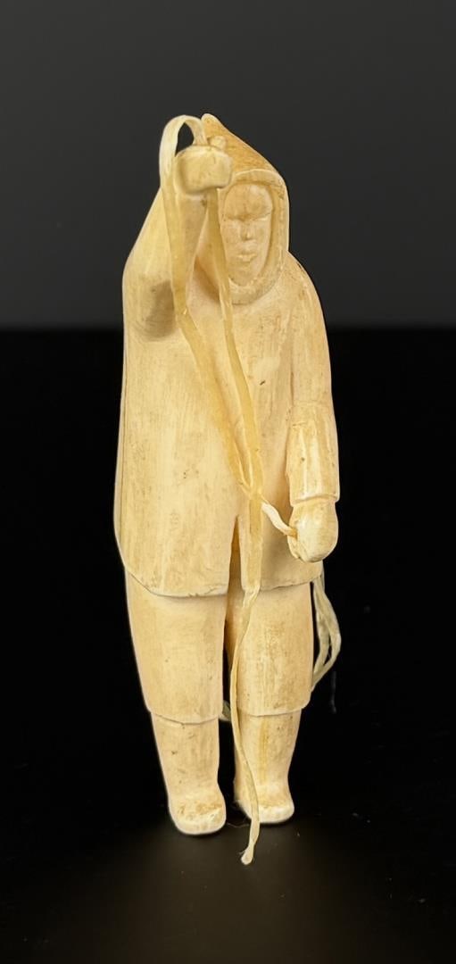 James Jaypoody Alaskan Inuit Eskimo Carved Man: 3 5/8" by 1 1/2" by 1 1/8". Native made prior to 1972. This item cannot be shipped to Oregon, California, Hawaii, New York, New Jersey, Internationally, or any other state that prohibits.