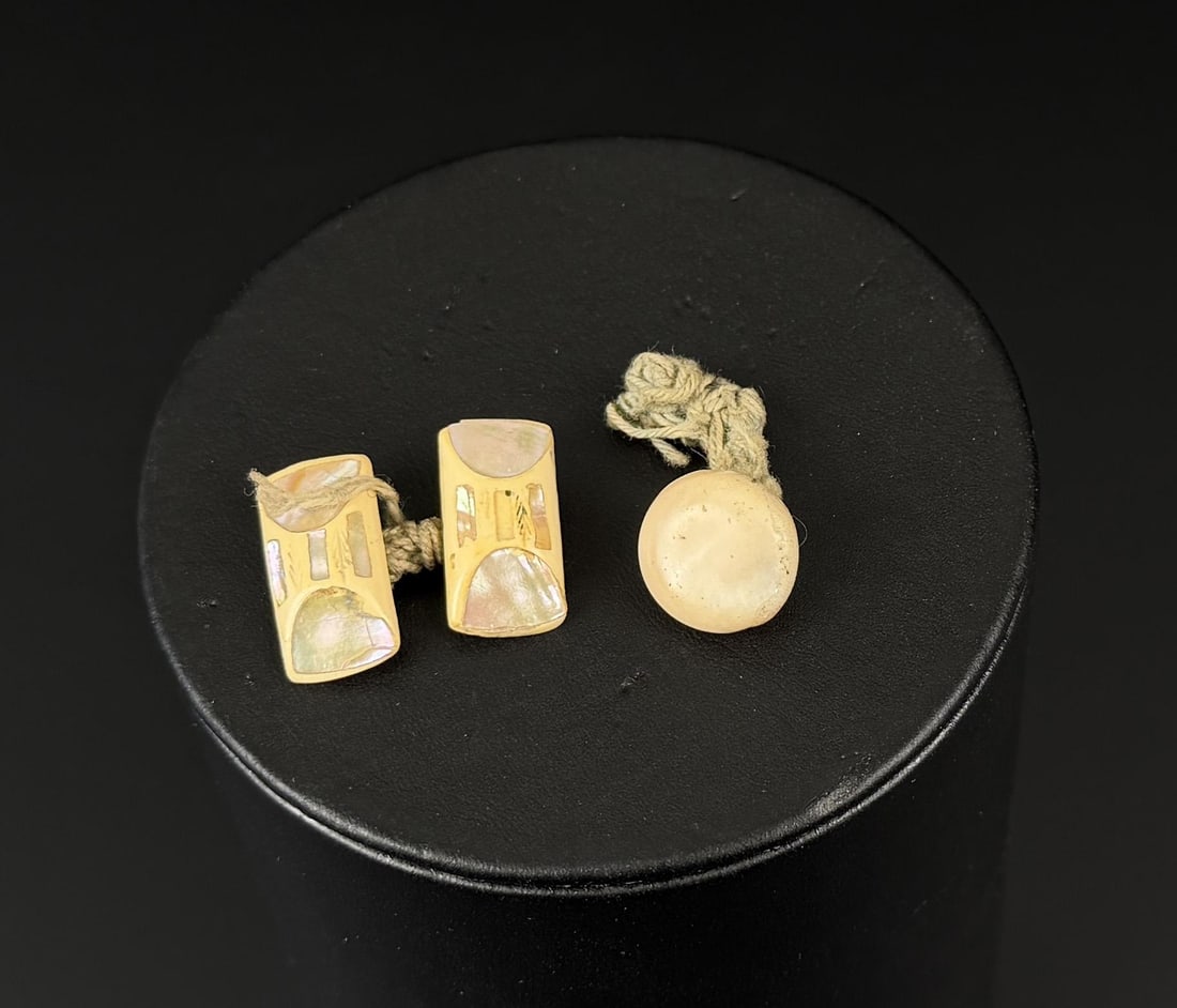 Ancient Thule Inuit Alaskan Eskimo Buttons: One set have nice mother of pearl inlay. Native made prior to 1972. This item cannot be shipped to Oregon, California, Hawaii, New York, New Jersey, Internationally, or any other state that prohibits.