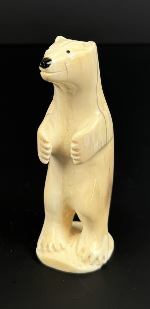 George Pitseolak Alaskan Eskimo Ivory Polar Bear: 4 3/4" tall, 1 7/8" diameter. Native made prior to 1972. This item cannot be shipped to Oregon, California, Hawaii, New York, New Jersey, Internationally, or any other state that prohibits.
