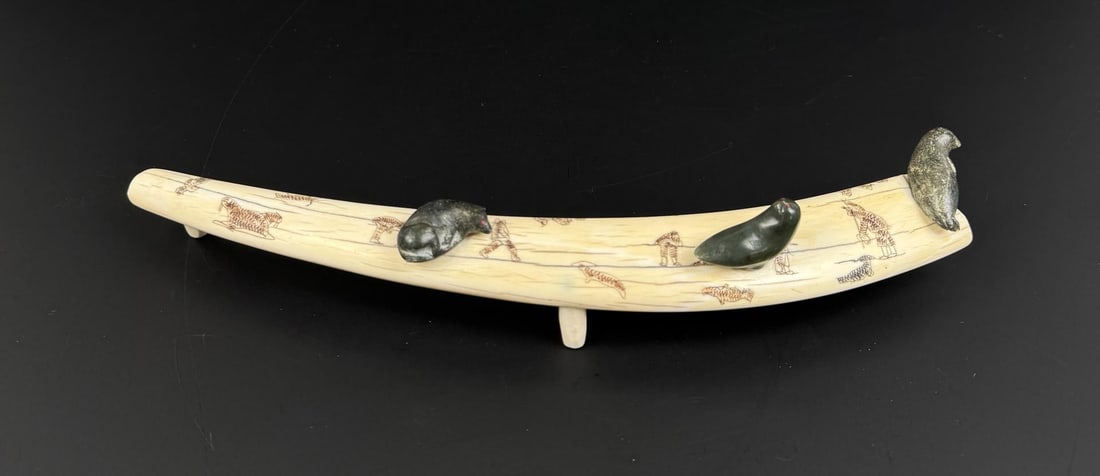 Napachee Pitsiulak Alaskan Eskimo Walrus Tusk: Scrimshawed with soapstone birds. 12 1/2" by 2 3/4" by 2". Native made prior to 1972. This item cannot be shipped to Oregon, California, Hawaii, New York, New Jersey, Internationally, or any other sta
