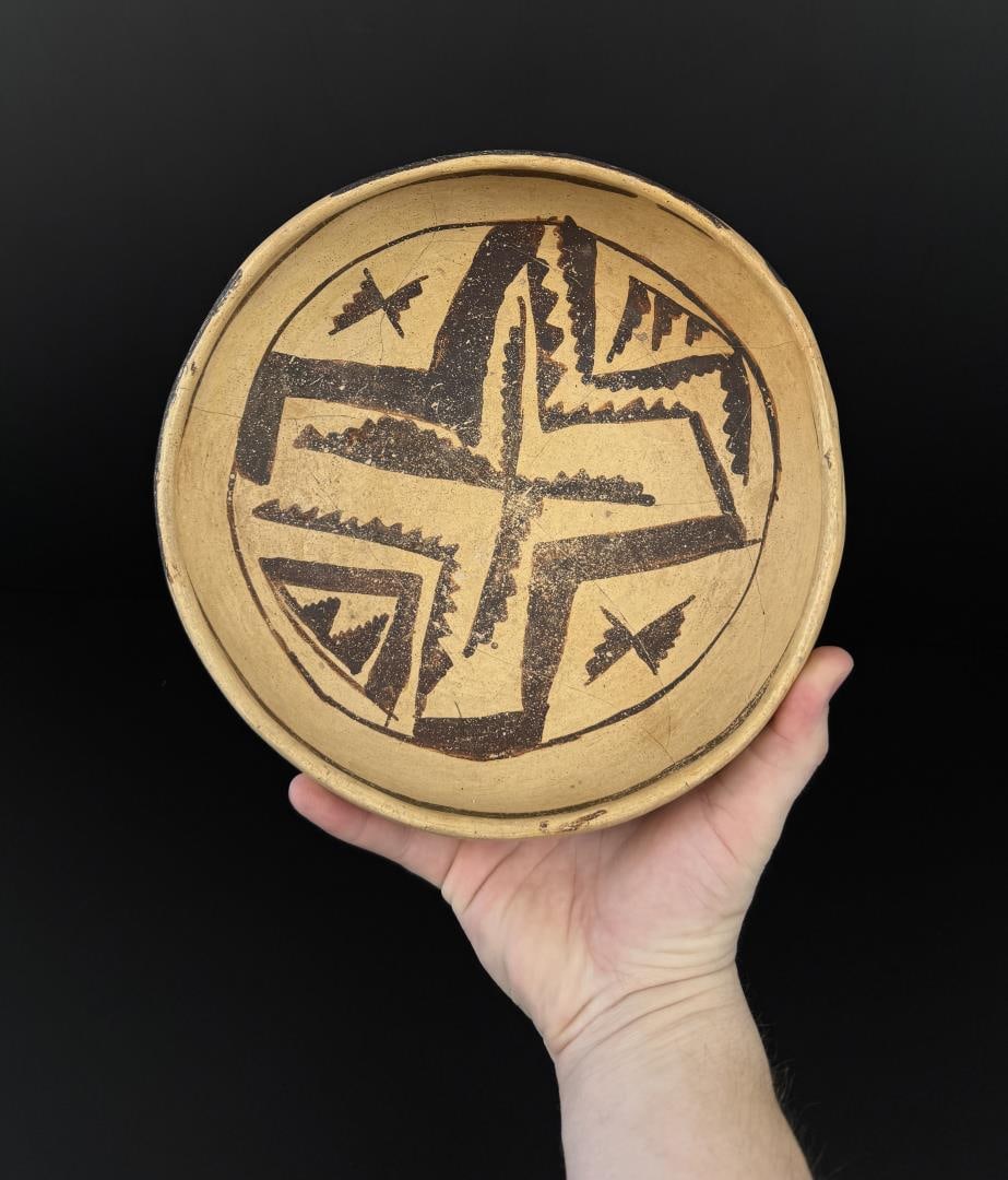 Ancient Jeddito Pottery Bowl: Repaired as shown. 8 3/4" diameter, 3 3/8" tall.
