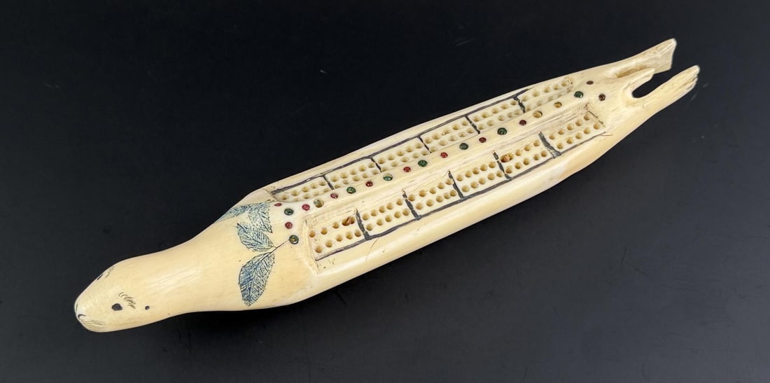 Alaskan Inuit Eskimo Walrus Ivory Cribbage Board (1 of 5)