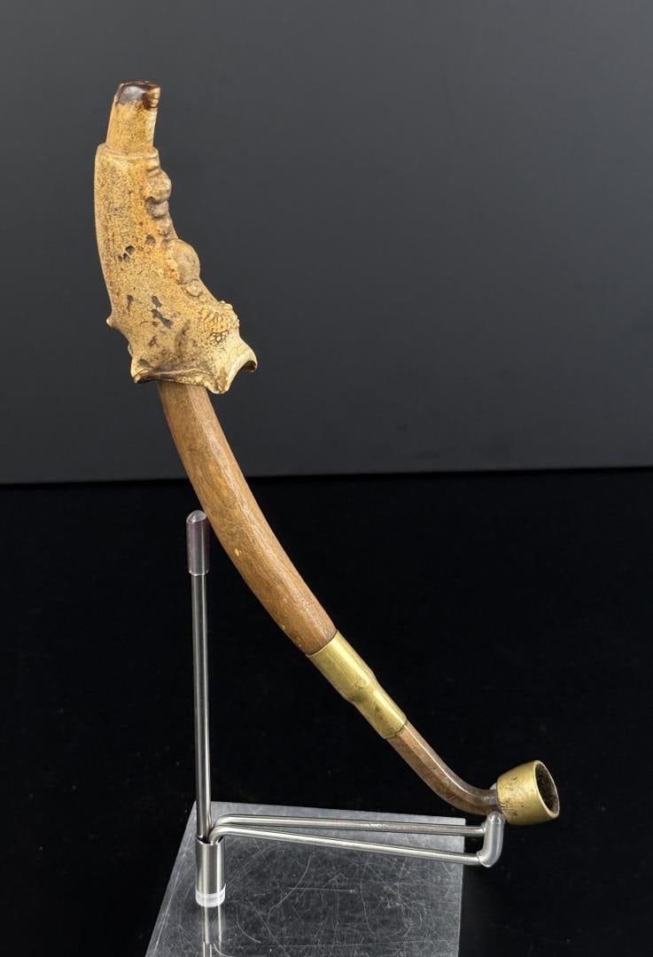 Chinese Alaskan Eskimo Walrus Jaw Opium Pipe: 8 1/2" long. As used by one of the early Chinese Settlers in Alaska. Very neat piece. Native made prior to 1972. Chinese immigrants first established roots in Alaska during the late 19th century, prim
