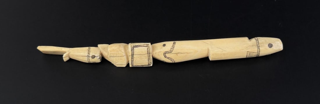 Alaskan Inuit Eskimo Carved Ivory Scrimshaw Handle: 6 3/4" long. Native made prior to 1972. This item cannot be shipped to Oregon, California, Hawaii, New York, New Jersey, Internationally, or any other state that prohibits.