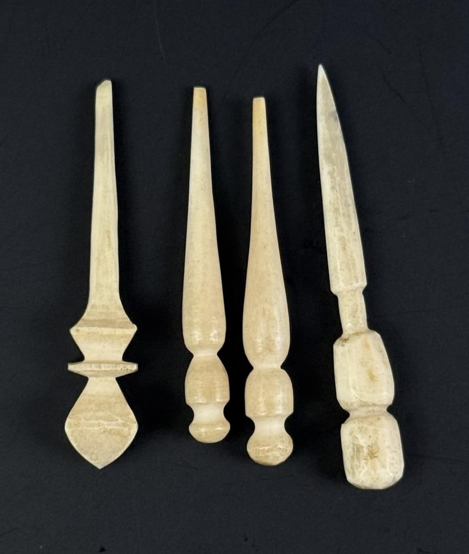 Alaskan Inuit Eskimo Carved Ivory Bodkins: Nice grouping. Native made prior to 1972. This item cannot be shipped to Oregon, California, Hawaii, New York, New Jersey, Internationally, or any other state that prohibits.