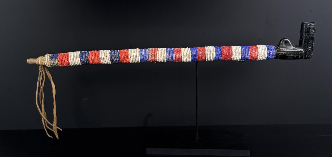 Native American Indian Beaded Peace Pipe: 18 3/4" long. Mid 20th Century.