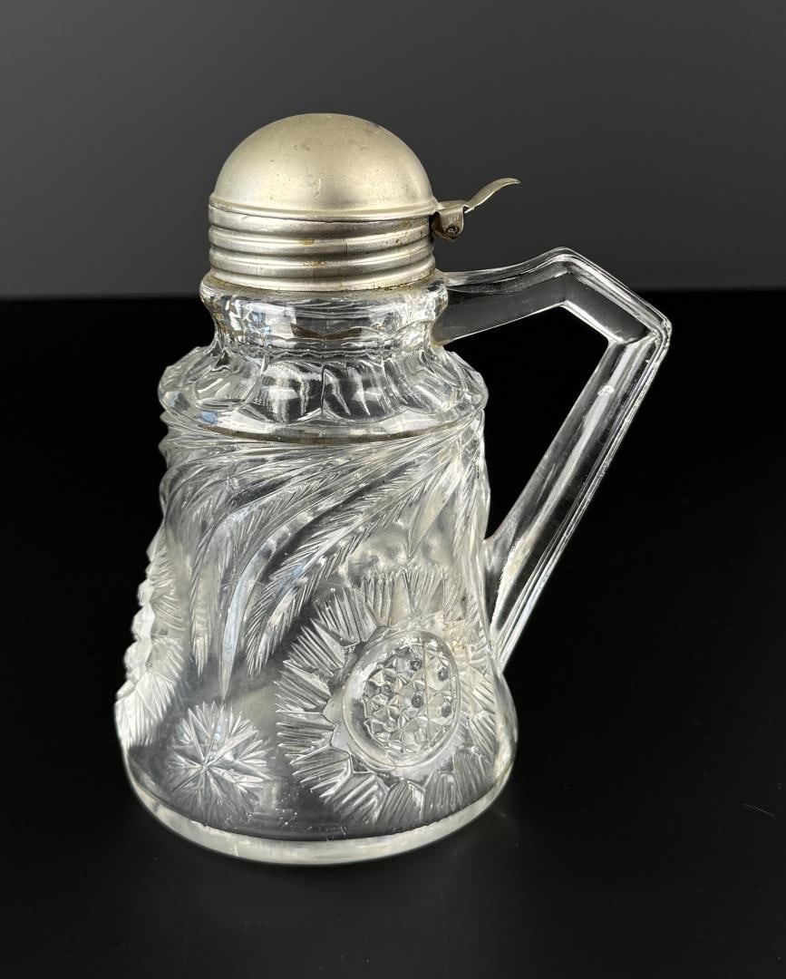 EAPG Pressed Glass Syrup Pitcher: 5 5/8" tall.