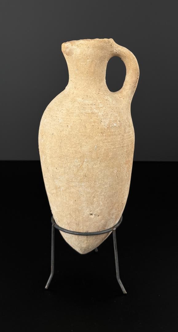 Ancient Holy Land Canaanite Terracotta Oil Jar: 8 3/4" long, 3 7/8" diameter.