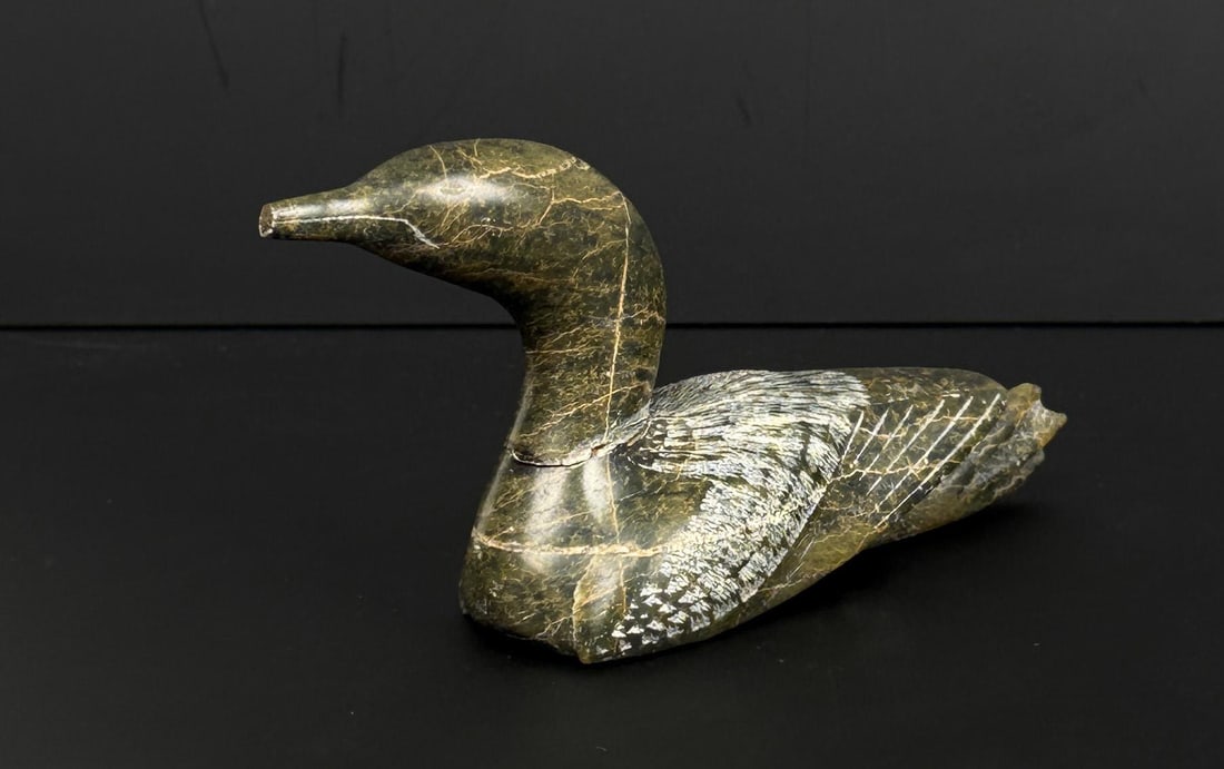 Etulu Etidloie Inuit Carved Soapstone Loon: 6 1/4" by 3 1/8" by 1 3/4". Repaired.
