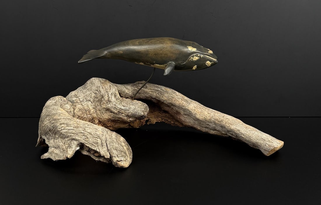 Carved Wood Whale: 16" by 8 1/4" by 7 1/4".