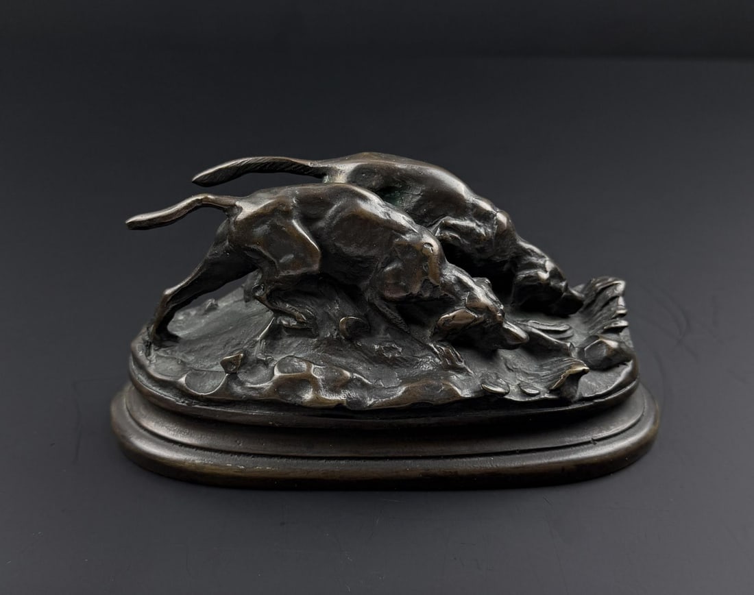 Antoine Louis Barye Pair of Bloodhounds Bronze: Title is Pair of Bloodhounds. 6 1/4" by 2 7/8" by 2 3/4". Antoine-Louis Barye (1796 - 1875) was active/lived in France. Antoine Louis Barye is known for Animalier sculpture. The son of a goldsmith,