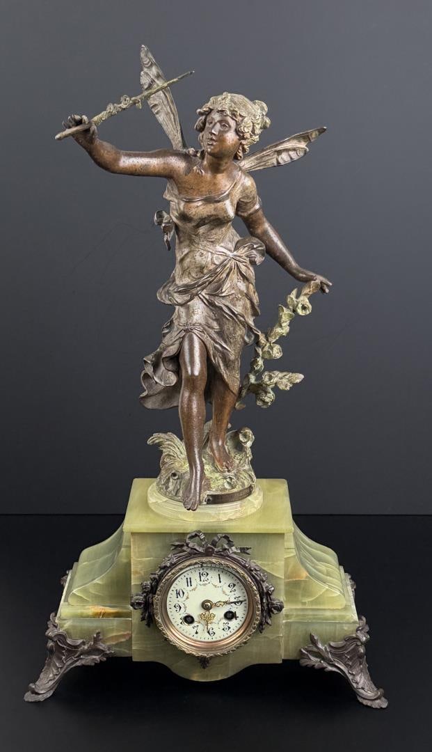 French Louis XVI Spelter Onyx Fairy Mantle Clock: 23" by 13 3/8" by 9". Working.
