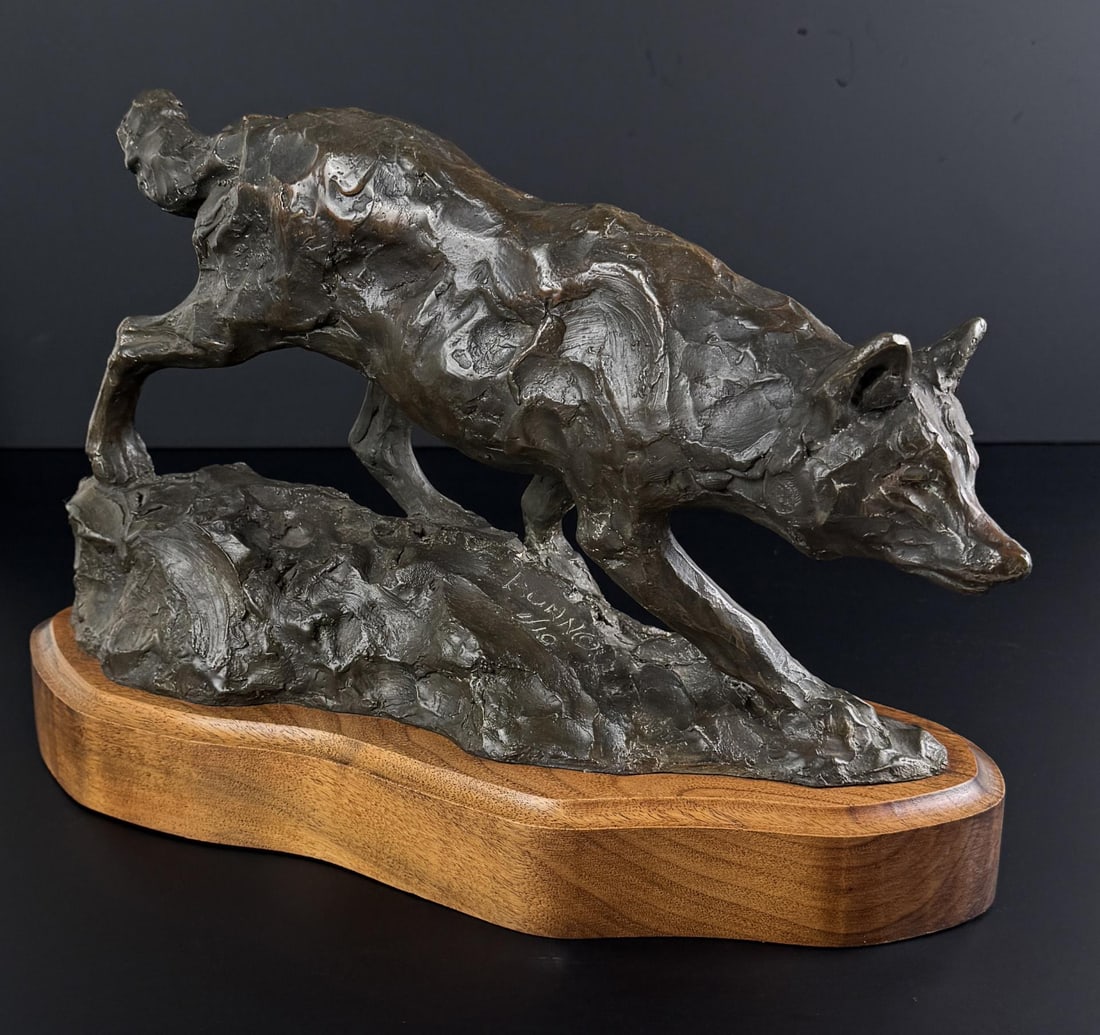 Kenneth Bunn On the Prowl Bronze: Title is On the Prowl. 14 7/8" by 9 1/4" by 6 3/8". 1/10. Kenneth Rodney Bunn (1938 - 2020) was active/lived in Colorado. Kenneth Bunn is known for Wildlife sculpture, wax figures. A sculptor of