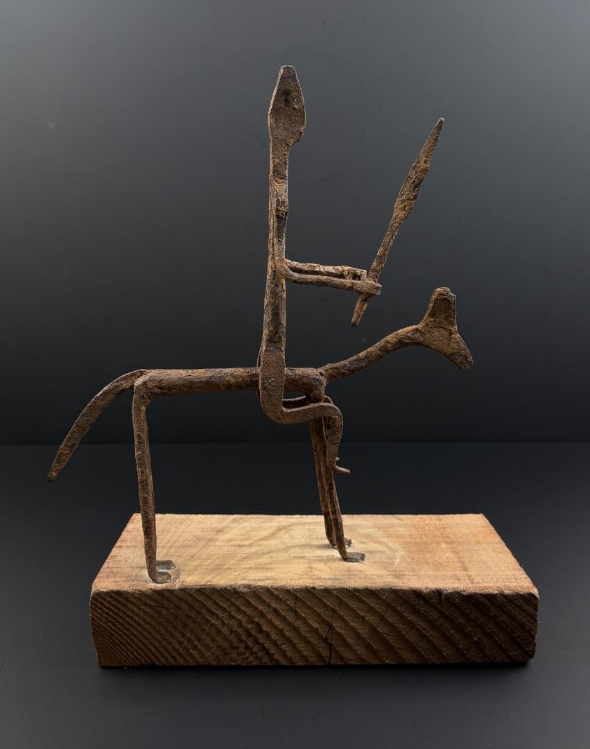 Dogon Mali West Africa Iron Horseman: 13 3/4" by 11 1/2" by 5 1/8" on stand.