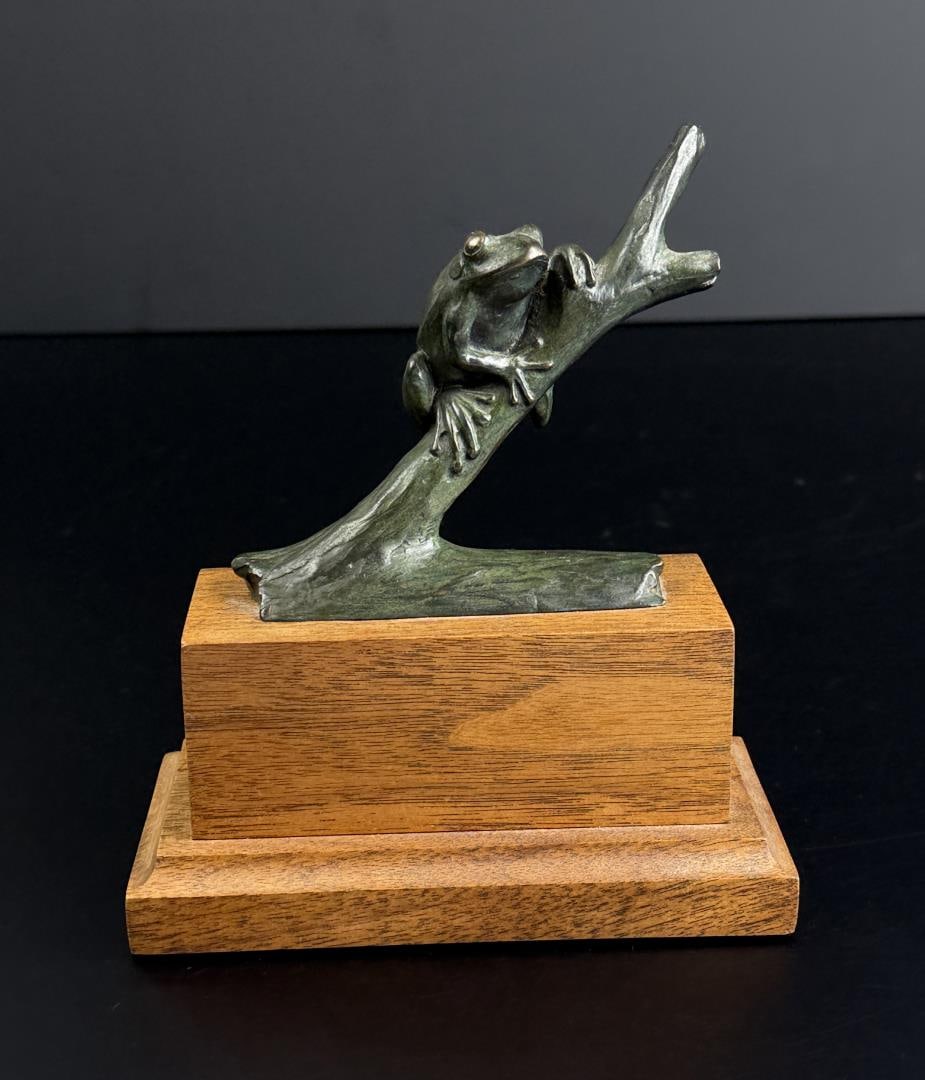 Tony Hochstetler Frog on Branch Bronze: Title is Frog on Branch. 6 1/4" by 5 1/2" by 3". 2/21. Tony Hochstetler. Born 1964 Indiana. Known for: Realistic sculpture-fish, reptiles and amphibians. Sculptor Tony Hochstetler is a sculptor in