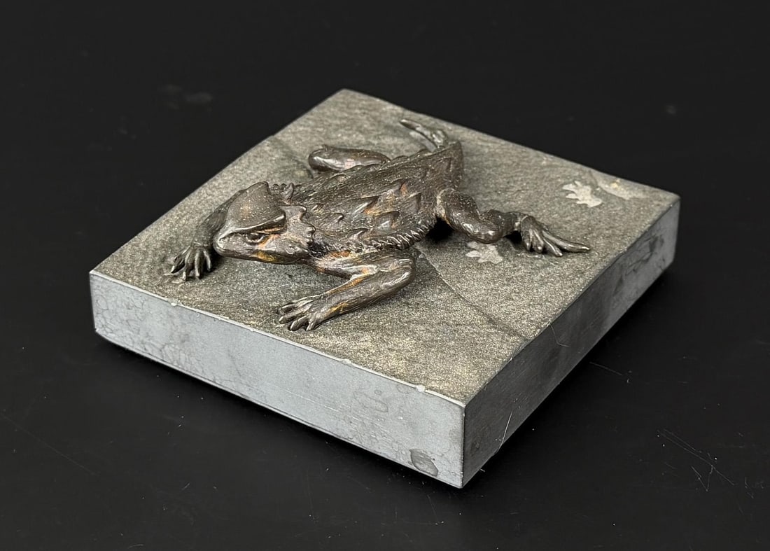 Steve Kestrel Horned Lizard Bronze: Title is Horned Lizard. 3 5/8" by 3 1/2" by 1 1/2". 14/30. Steve Kestrel (Born 1947) is active/lives in Colorado, New Mexico. Steve Kestrel is known for Exotic animal sculpture. The sculptor works in 