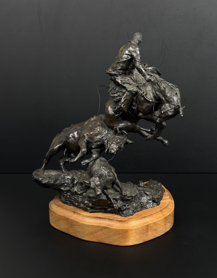 Herb Mignery A Change in the Odds Bronze: Title is A Change in the Odds. 13 1/4" by 10" by 8". 6/10. Herb Mignery (Born 1937) is active/lives in Colorado, Nebraska. Herb Mignery is known for Western figure and wildlife sculpture. Raised on
