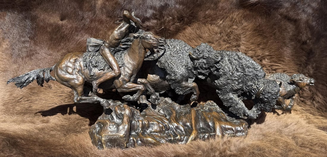 Lorenzo E Ghiglieri Need For Buffalo Bronze: Title is Need For Buffalo. 43 1/2" by 21 1/2" by 17". 12/38. 123 pounds. Lorenzo E. Ghiglieri (1931 - 2020) was active/lived in Oregon, California. Lorenzo Ghiglieri is known for Realist style horse, 