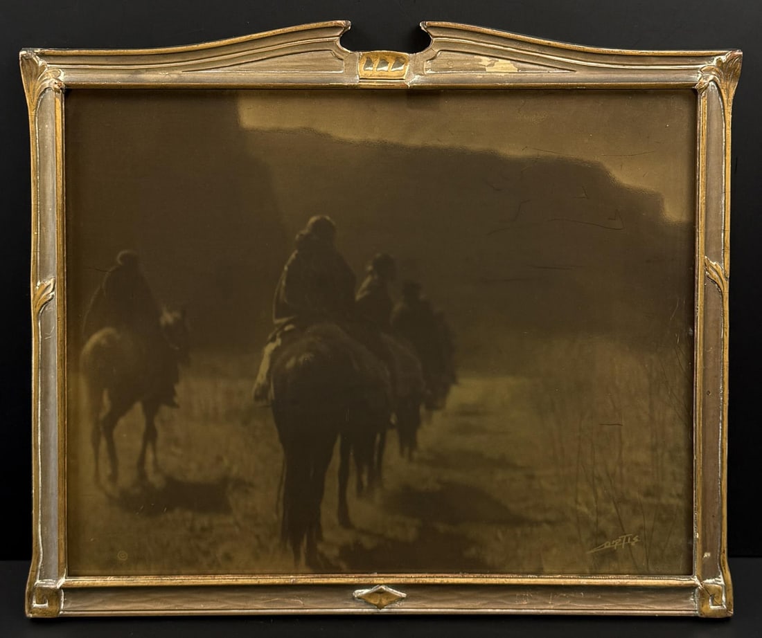 Original Edward Curtis The Vanishing Race Orotone: 11" by 14" unframed. 14 1/2" by 17 3/4" framed. Period Frame. Condition Report: Original untouched condition, a few marks as shown to the photo plate.
