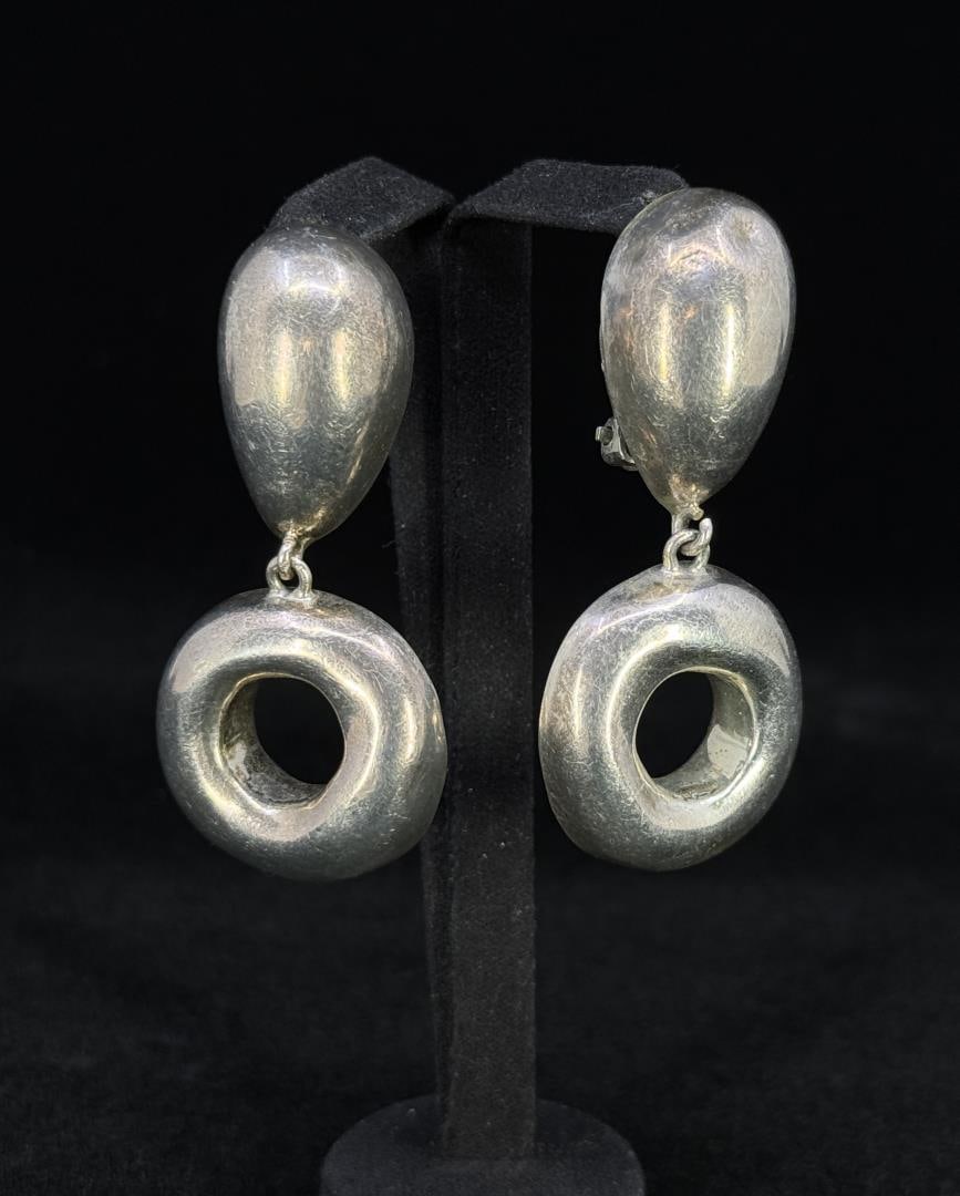 Zina Sherman Sterling Silver Modernist Earrings: 2 1/4" long. 30.0 grams.