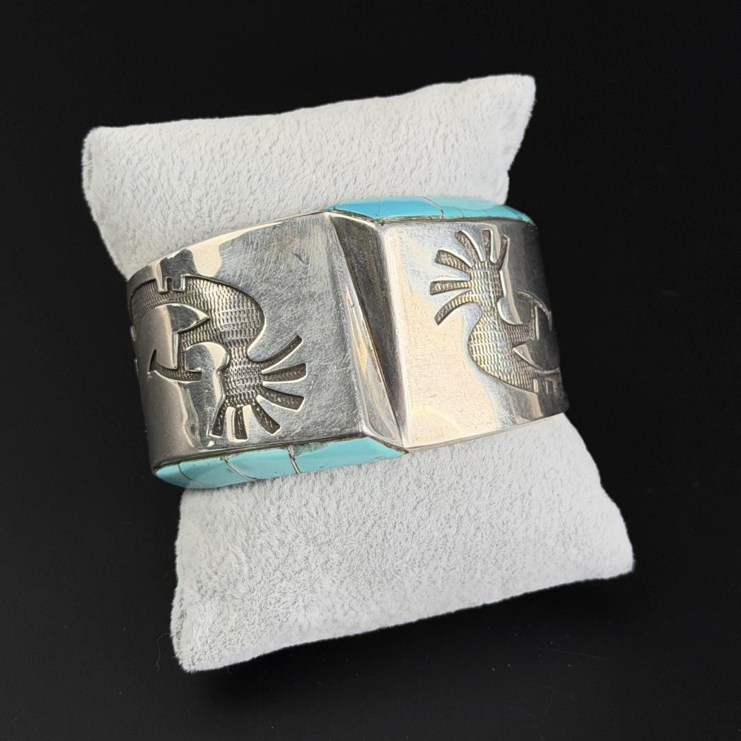 Donny & Dorothy Clark Sterling Turquoise Bracelet: Nice design featuring Kokopelli. 5 1/2" inner circumference. 81.7 grams.