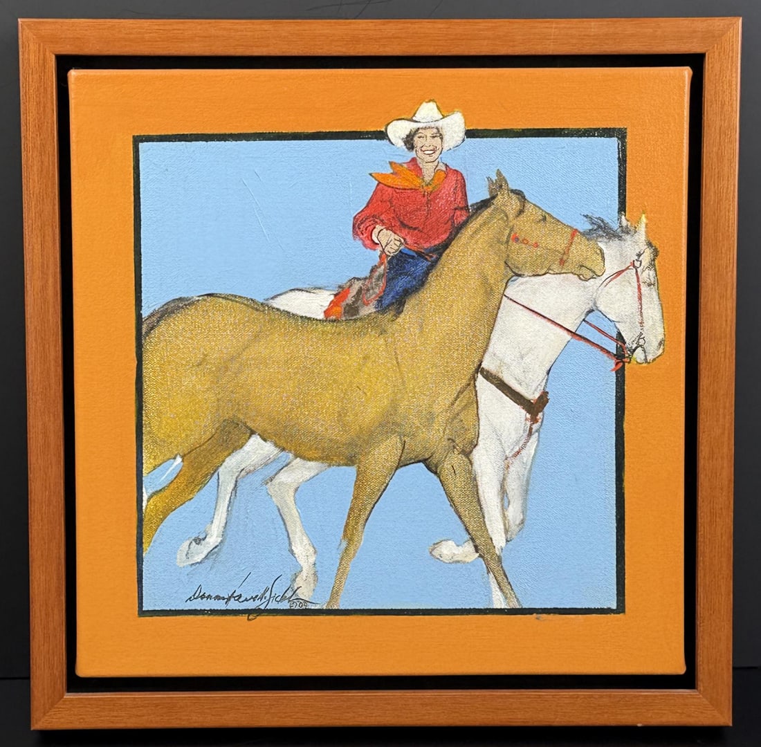 Donna Howell Sickles Pony Up Painting: Title is Pony Up. 12" by 12" unframed. 14" by 14" framed. Acrylic on canvas. Donna Howell-Sickles (Born 1949) is active/lives in Texas. Donna Howell Sickles is known for Action cowgirl figure painting