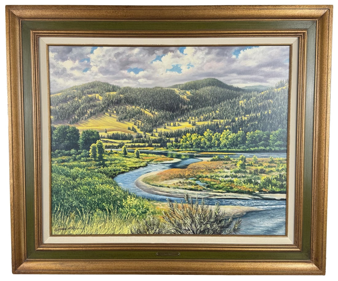 Lyman Rice Lazy River Painting: Title is Lazy River. 24" by 30" unframed. 32 1/2" by 38 1/2" framed. Oil on Canvas. Lyman A Rice. 1906 - 1979. Known for: Painting.