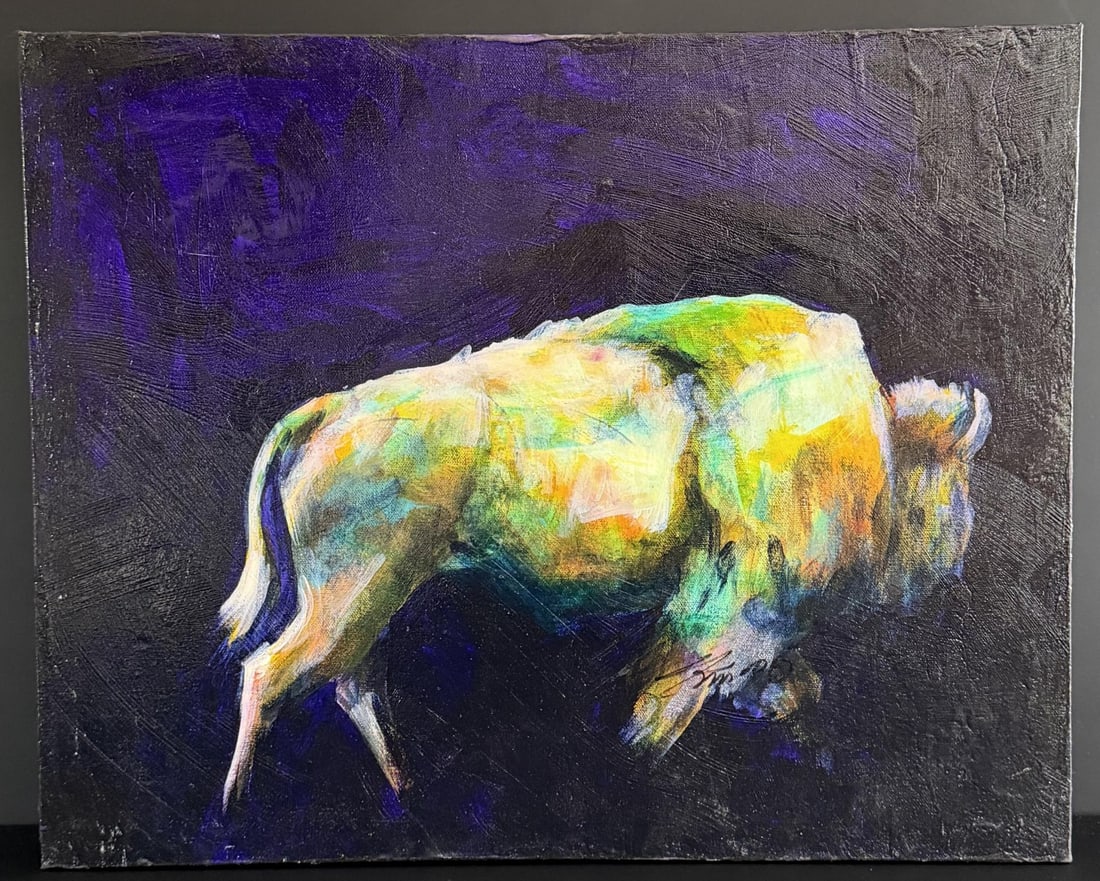 Kelvin Bowers Buffalo Painting: Title is Neon Buffalo. 16 1/4" by 20 1/4" unframed. Acrylic on Canvas. Ke'vin West Bowers (pronounced Kee-vin) was born in Havre, MT, is a North Idaho native and a Santa Fe, NM transplant. Like many a