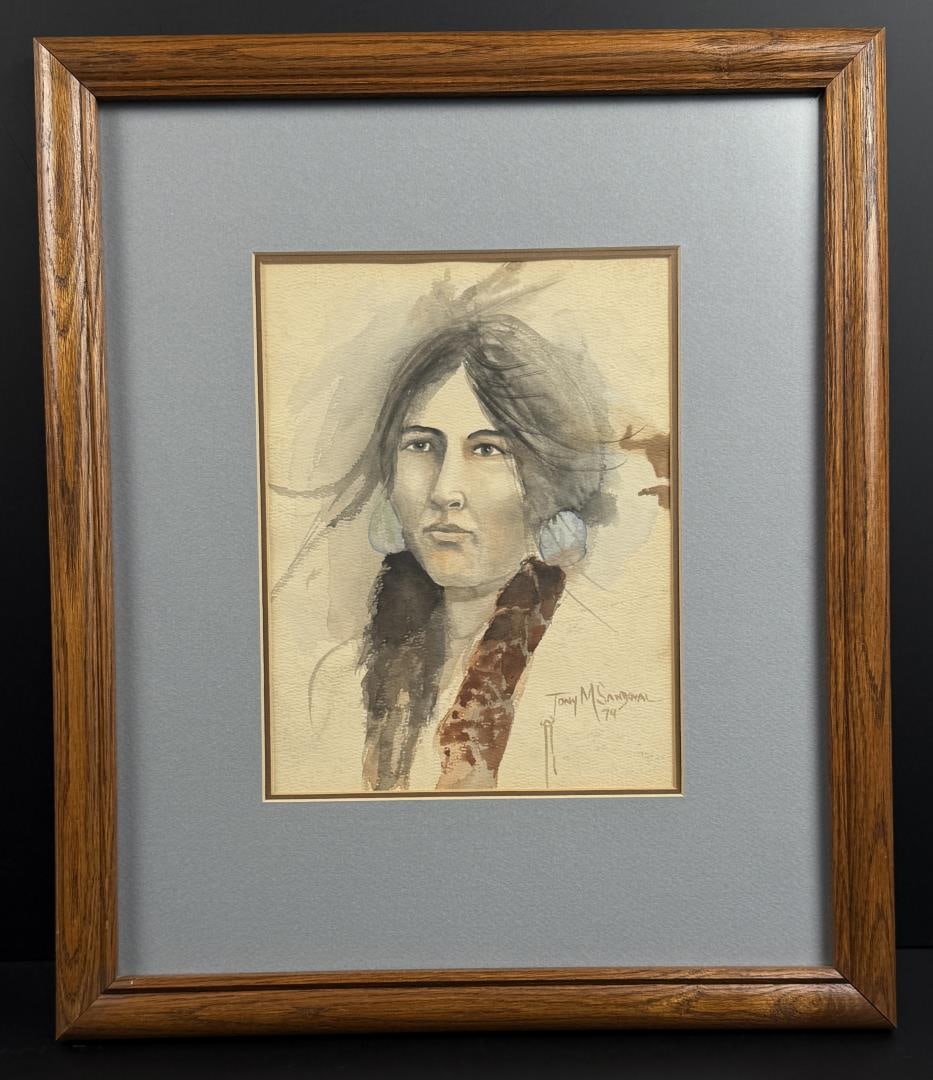 Tony Sandoval Montana Indian Painting: Title is Indian Maiden. 8" by 10" unframed. 15 1/4" by 18" framed. Watercolor on board. Tony Sandoval (20th Century) is known for Painting. Tony is a Native Veteran of the Armed Forces and did oversea
